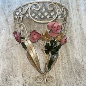 Vintage Toleware Rose Floral Shelf Shabby Chic COUNTRY Flowers Rare Piece Holder